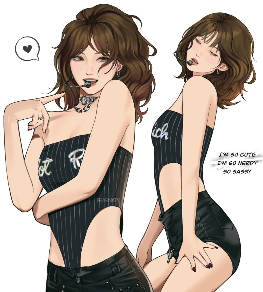 1girl, artist_name, black_leotard, black_shorts, breasts, brown_eyes, brown_hair, choker