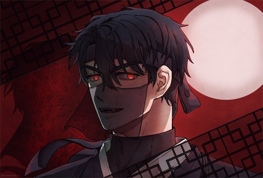 1boy, black_hair, black_veil, chinese_clothes, close-up, fangs, hanfu, headband