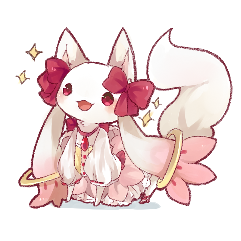 :3, blush, cosplay, dress, kaname_madoka, kaname_madoka_(cosplay), kaname_madoka_(magical_girl), komeda_arufa, kyubey, mahou_shoujo_madoka_magica, mahou_shoujo_madoka_magica_(anime), no_humans, ribbon, solo, sparkle, star_(symbol), tail