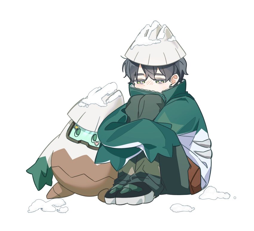 1boy, black_hair, blush, boots, chibi, chibi_only, coat, earrings