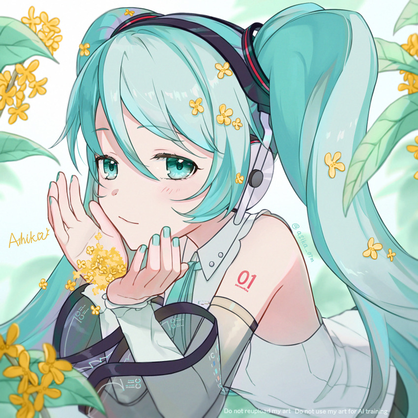 1girl, aqua_eyes, aqua_hair, aqua_nails, aqua_ribbon, artist_name, ashika_(yftcc948), bare_shoulders