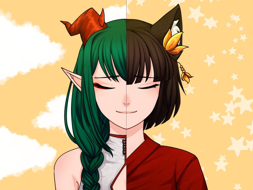 1girl, animal_ear_fluff, animal_ears, bare_shoulders, blunt_bangs, braid, brown_hair, cat_ears, chinese_clothes, closed_eyes, cloud_background, dragon, dragon_girl, dragon_horns, eastern_dragon, eastern_dragon_horns, eon_productions, flower, green_hair, hair_flower, hair_ornament, highres, horns, japanese_clothes, kimono, long_hair, mei-ling_draco, mii_reis, najinajimi, neobaka, pointy_ears, portuguese_commentary, red_kimono, shirt, simple_background, single_braid, sleeveless, sleeveless_shirt, star_(symbol), star_symbol_background, symmetry, virtual_youtuber, voice_actor_connection