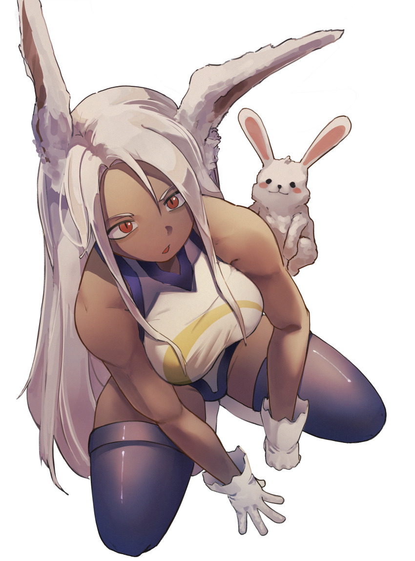1girl, absurdres, animal_ears, blue_thighhighs, boku_no_hero_academia, breasts, commentary, dark-skinned_female