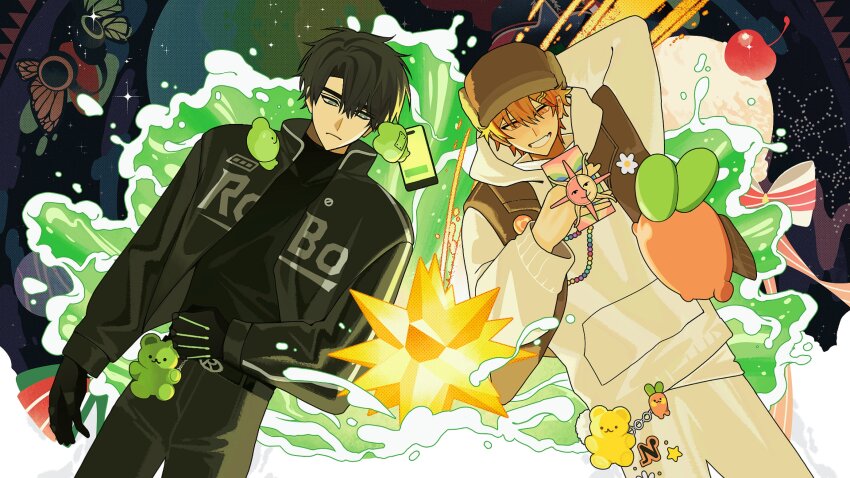 2boys, absurdres, bear, black_hair, black_jacket, frog, from_above, ghost_3339
