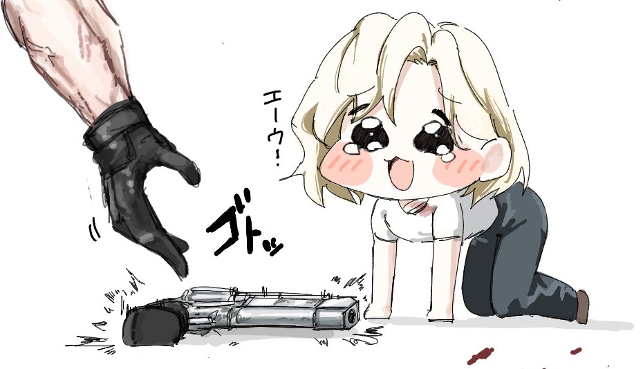 1boy, 1girl, all_fours, blonde_hair, blush, blush_stickers, chibi, ganma_(nicoseiga52595768)