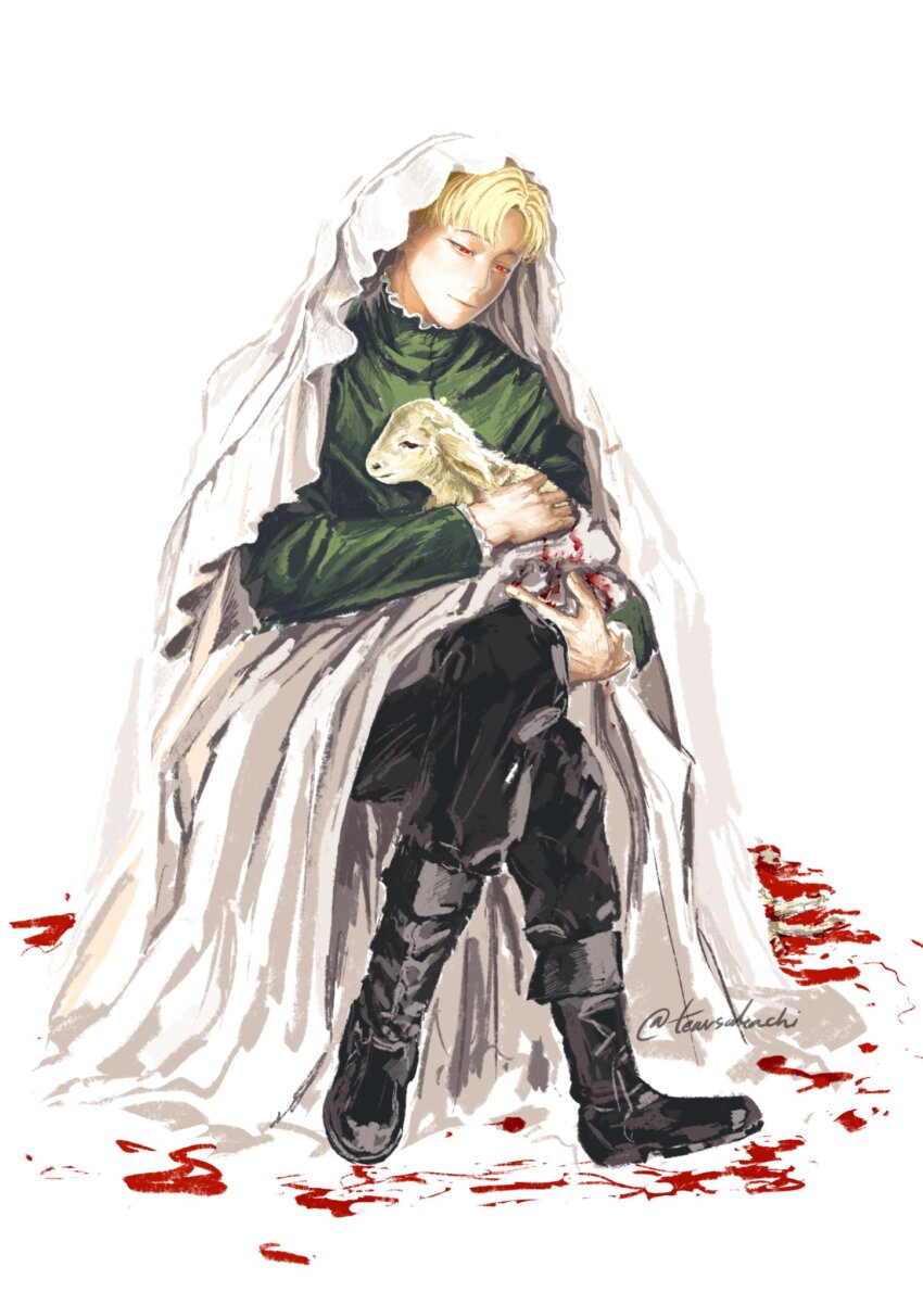 1boy, animal, baby_animal, black_boots, black_pants, blonde_hair, boots, chi.:_chikyuu_no_undou_ni_tsuite