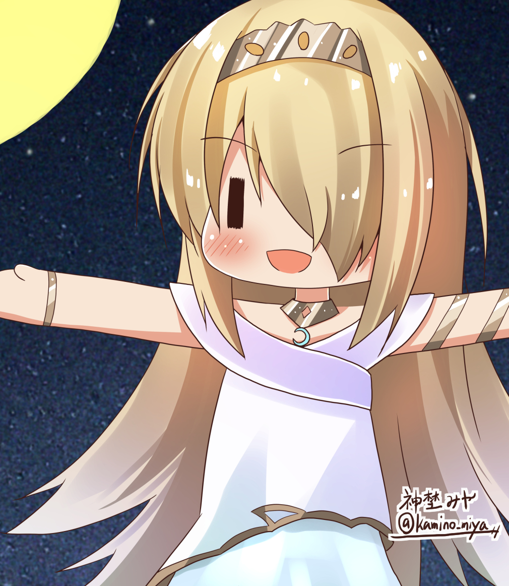 1girl, :d, alternate_hair_length_(longer), bare_shoulders, blush, bracelet, chibi, chibi_only
