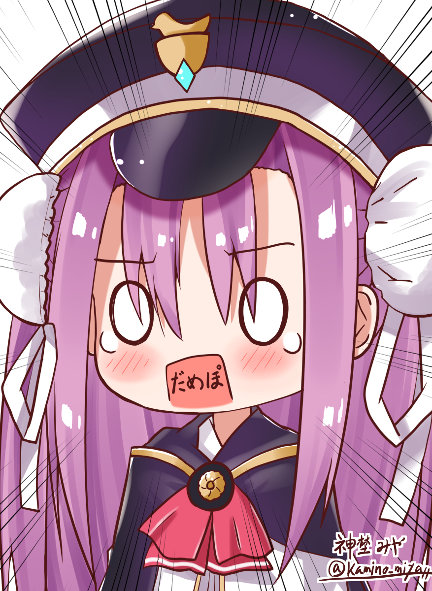 1girl, ascot, black_cape, black_hat, blush, bun_cover, cape, chibi