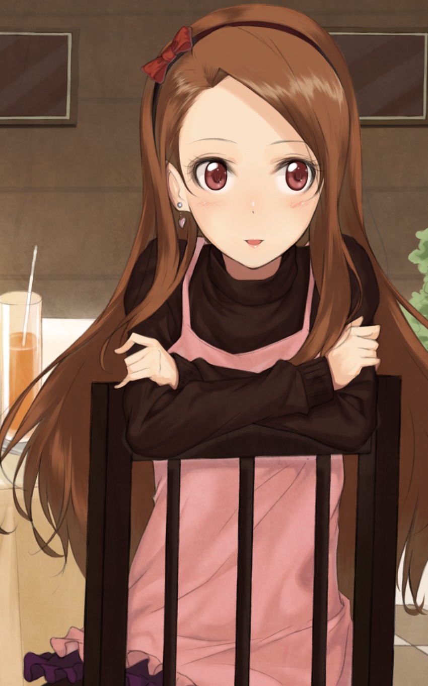 1girl, billion_(billion0103), bow, brown_hair, chair, earrings, female_focus, hairband