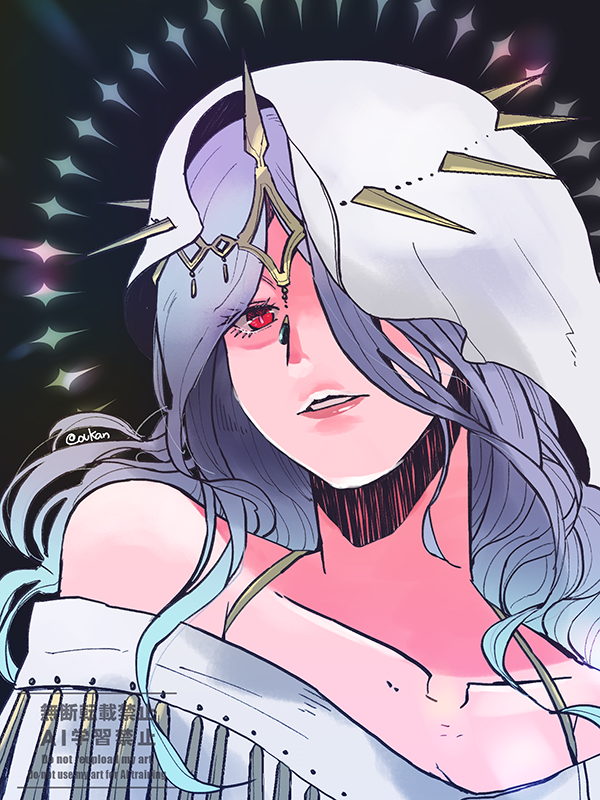 1girl, black_background, blue_hair, ceraphina_(octopath_traveler), collarbone, commentary_request, gradient_hair, hair_over_one_eye