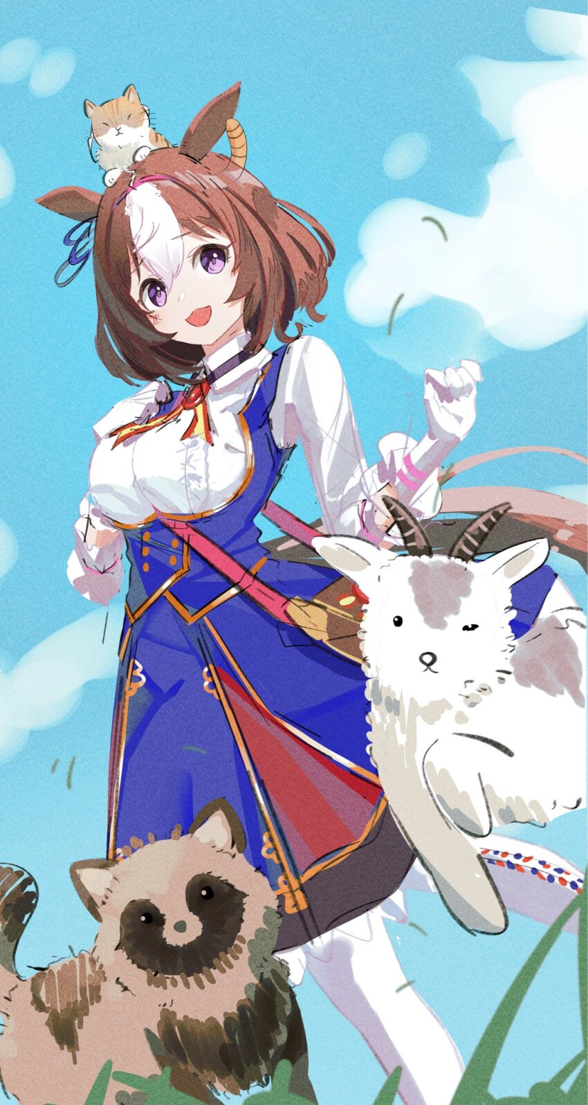 1girl, ahoge, animal, animal_ears, animal_on_head, bag, between_breasts, blue_dress