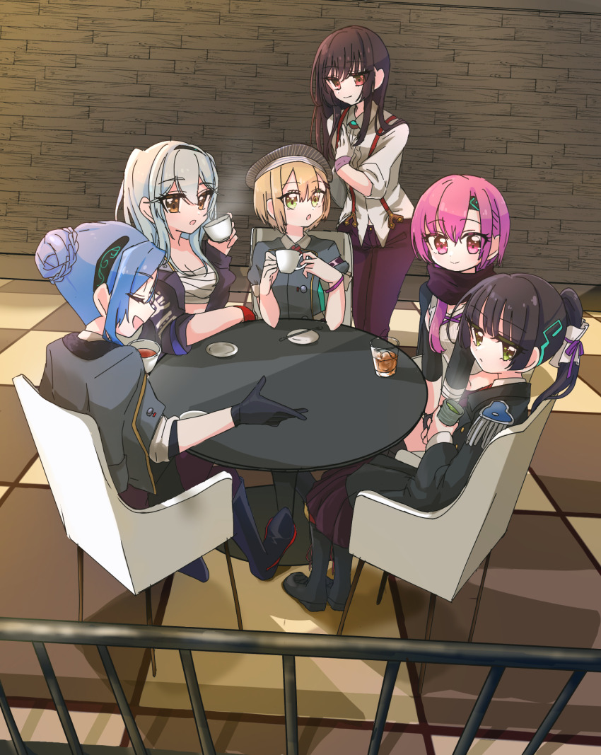 525moritika422, 6+girls, blue_hair, brown_hair, chair, chest_sarashi, cup, epaulettes