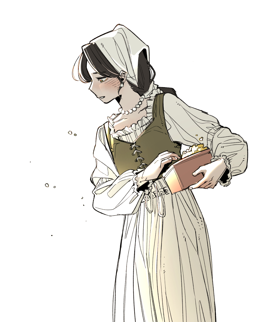 1girl, absurdres, black_hair, blouse, blush, commentary_request, cowboy_shot, dguadraw