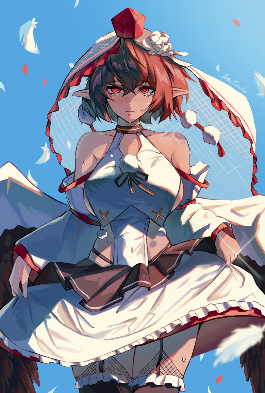 1girl, absurdres, alternate_costume, ametonalu, black_thighhighs, blue_sky, breasts, brown_hair