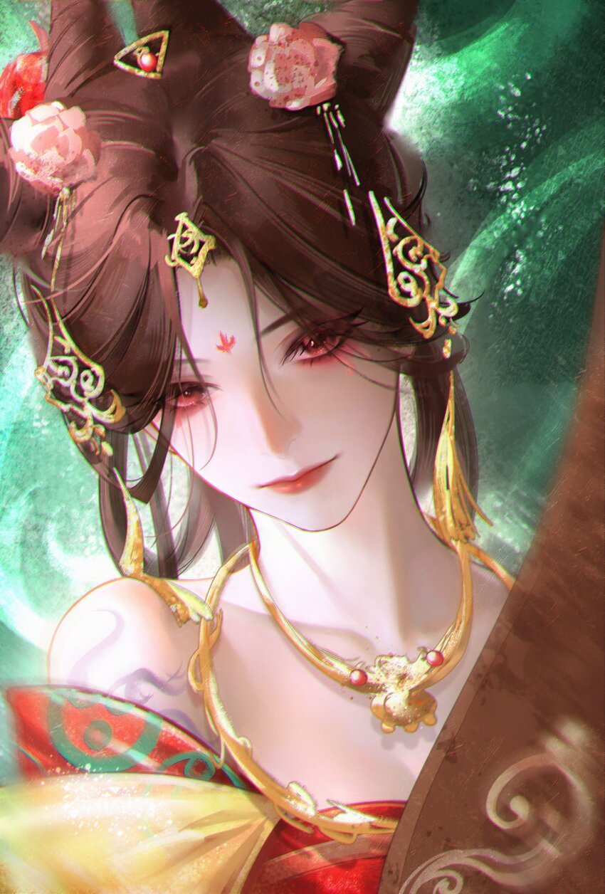 1girl, bare_shoulders, brown_hair, chinese_clothes, facial_mark, forehead_mark, hanfu, highres