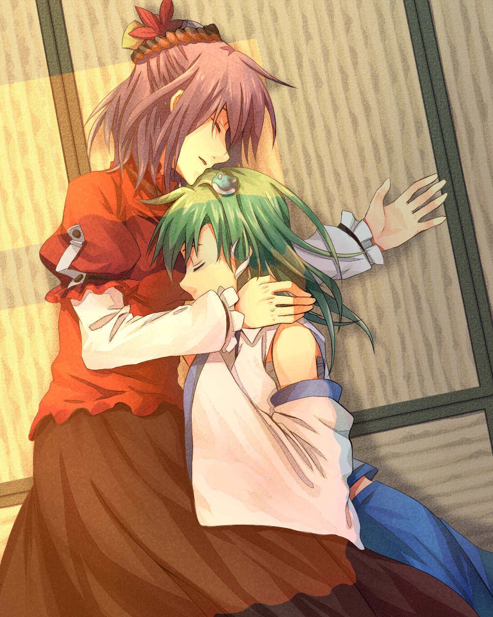 2girls, bad_id, bad_pixiv_id, blush, breasts, detached_sleeves, female_focus, frog