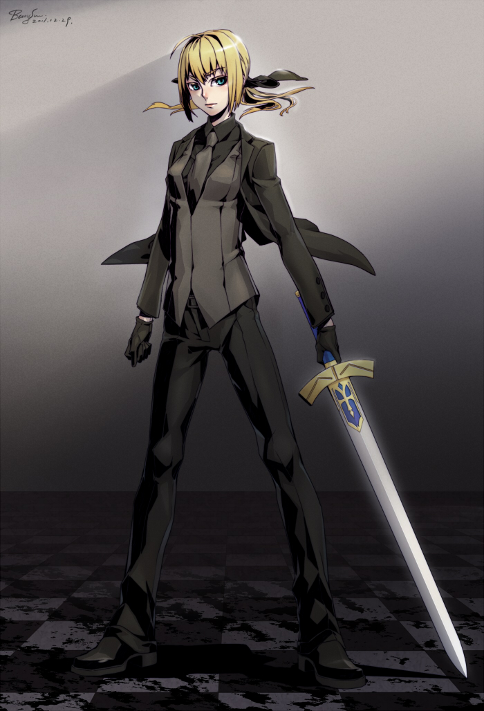 1girl, ahoge, artoria_pendragon_(fate), banysun, blonde_hair, bow, excalibur_(fate/stay_night), fate/stay_night