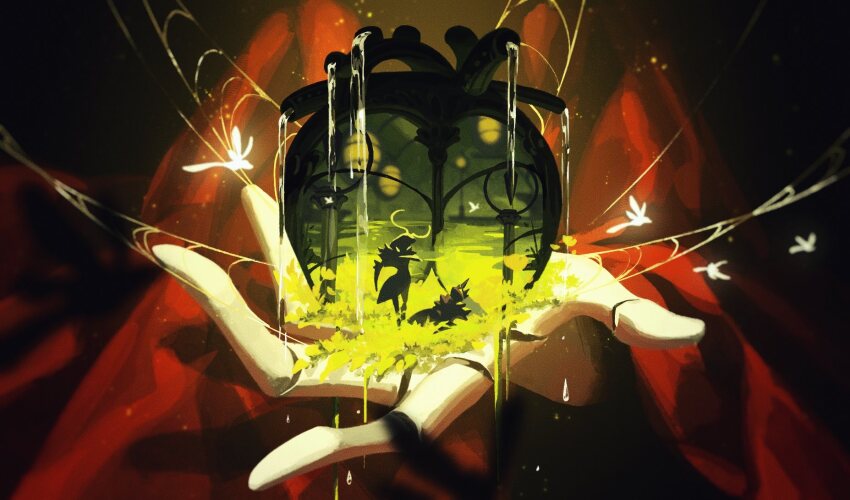 antennae, bug, butterfly, cloak, cogwork_dancers_(hollow_knight), corvus_noctis, grass, green_prince_(hollow_knight)