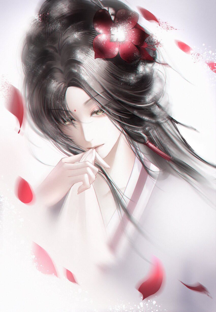 1girl, black_hair, chinese_clothes, facial_mark, forehead_mark, hand_up, hanfu, highres