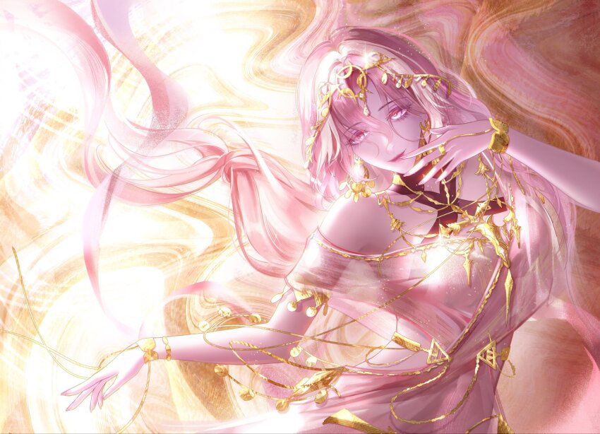 1girl, cowboy_shot, floating_clothes, hand_up, harem_outfit, highres, jasmine_(path_to_nowhere), jewelry