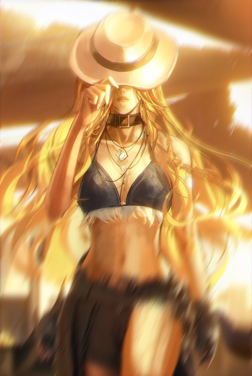 1girl, adjusting_clothes, adjusting_headwear, bikini, bikini_top_only, collar, covered_eyes, cowboy_shot, gloves, hand_up, hat, highres, korryn_(path_to_nowhere), midriff, outdoors, path_to_nowhere, qianqi_77, single_glove, solo, sunlight, swimsuit, walking