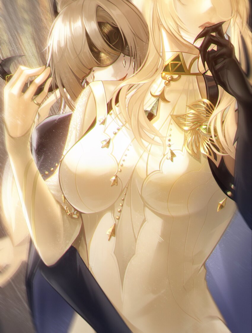 2girls, blindfold, blonde_hair, claws, hand_up, highres, hypatia_(path_to_nowhere), multiple_girls