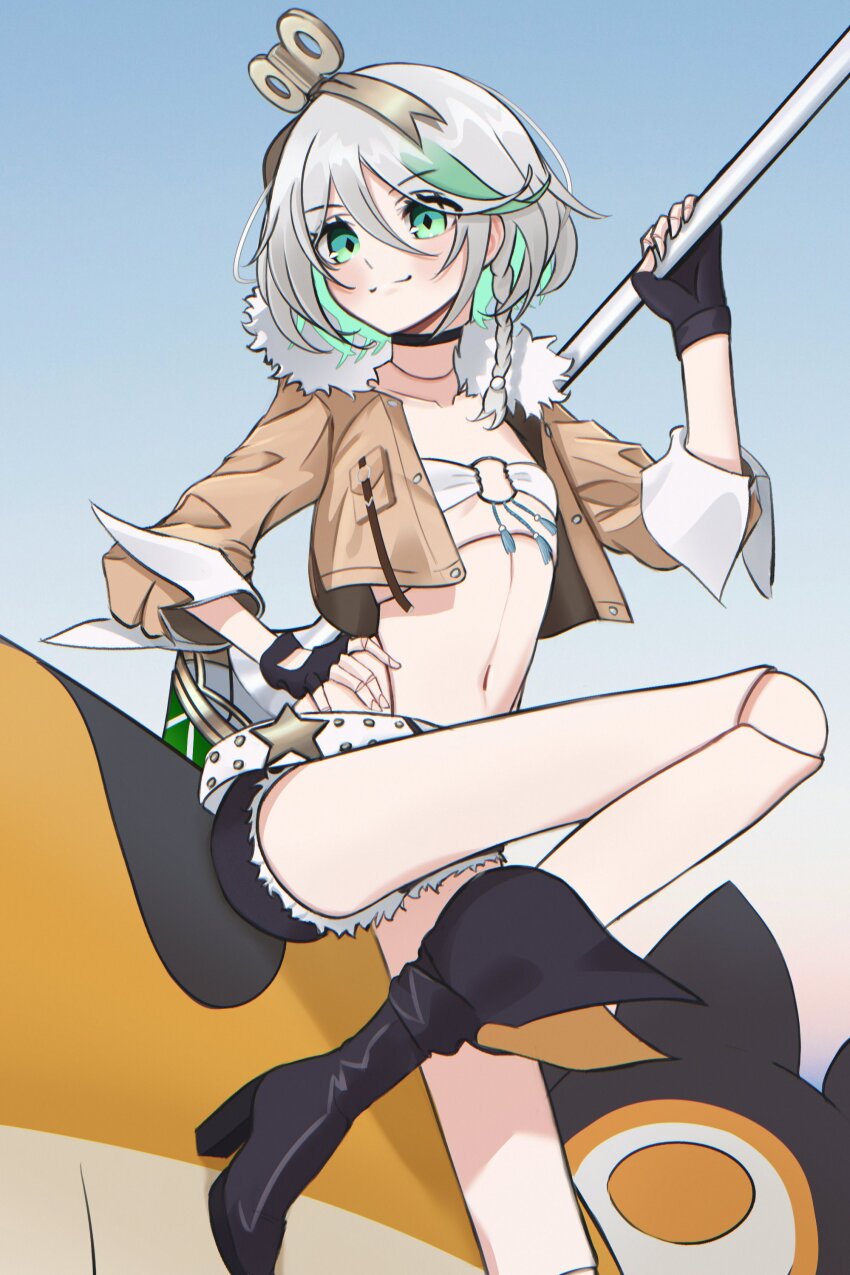 1girl, absurdres, bandeau, belt, black_boots, black_gloves, black_shorts, boots