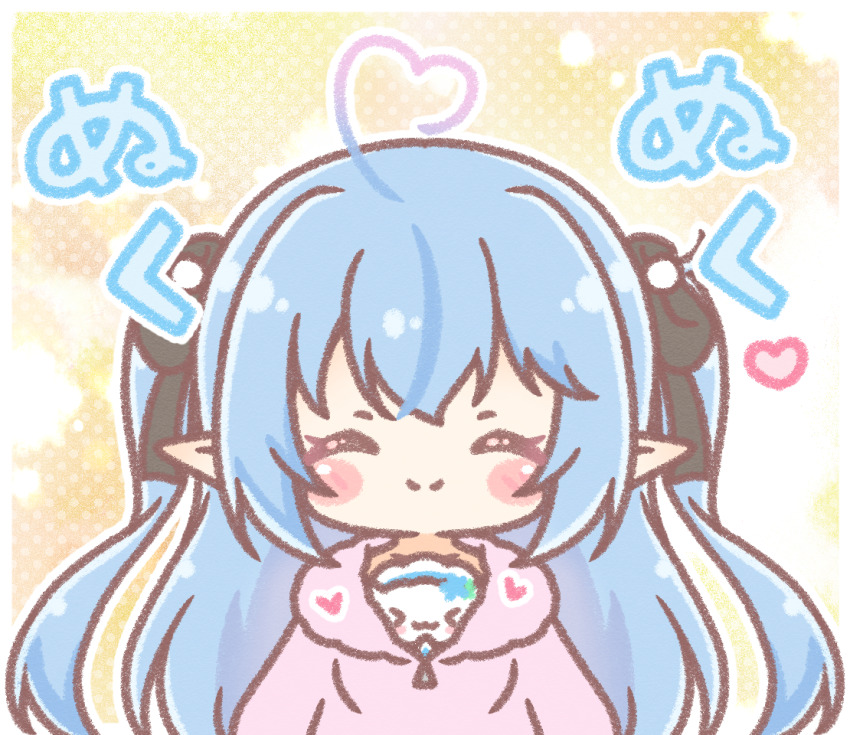 1girl, ^_^, ahoge, beret, black_bow, blue_hair, blush_stickers, bow