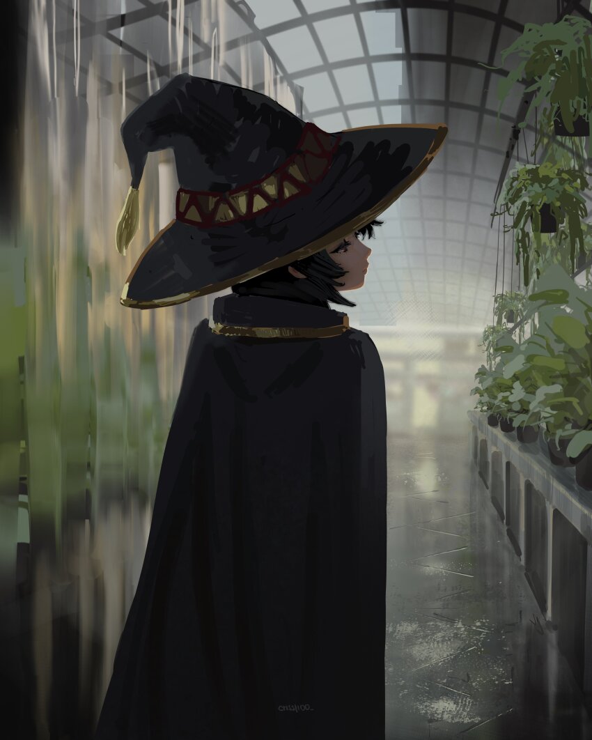 1girl, absurdres, black_cape, black_hair, black_hat, cape, crisslioo, from_behind