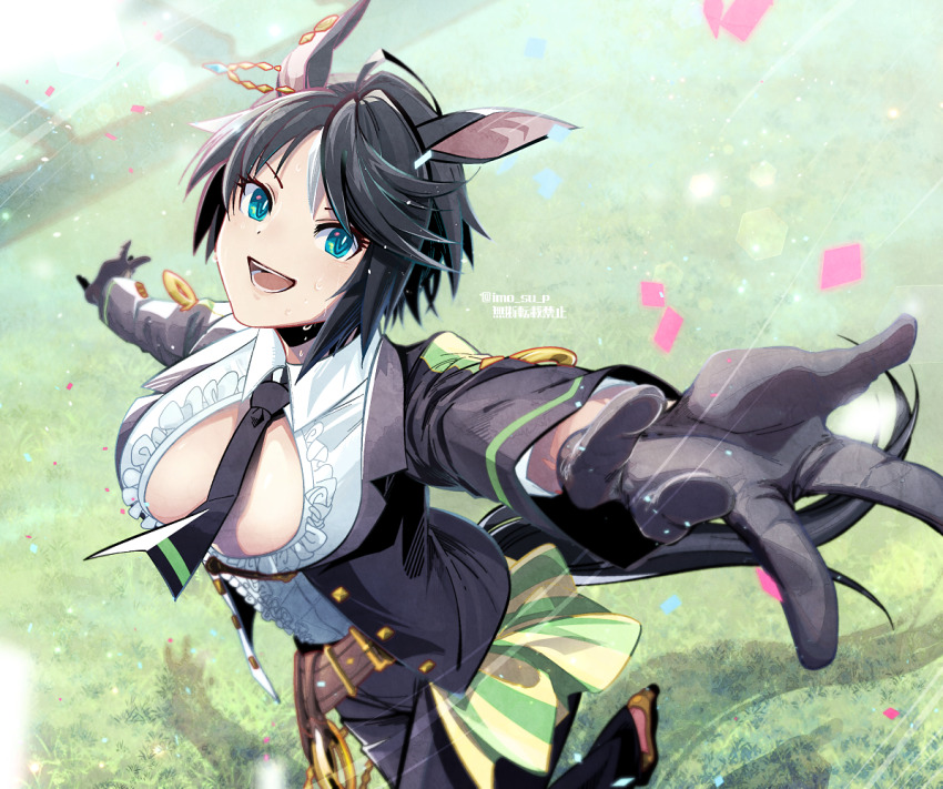 1girl, ahoge, alternate_costume, animal_ears, belt, black_gloves, black_hair, black_jacket