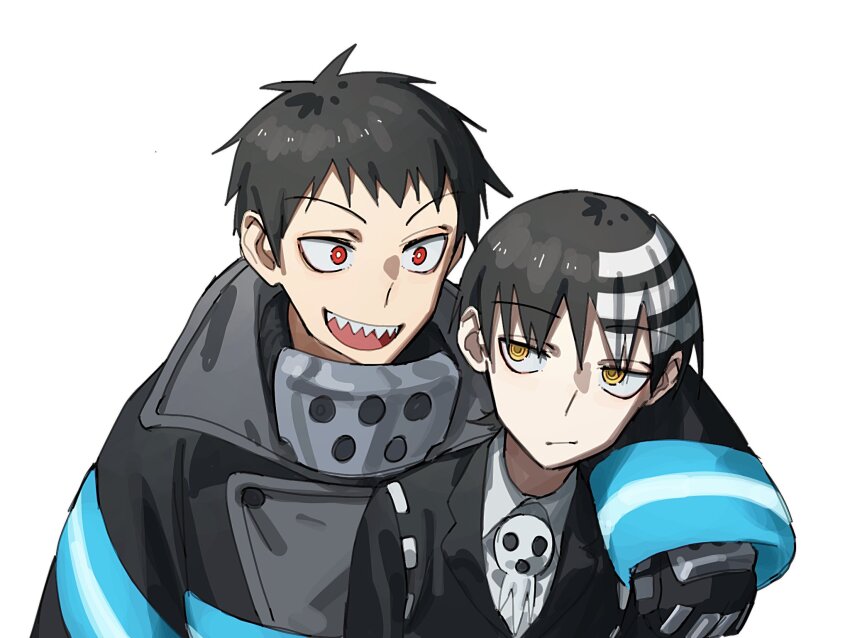 2boys, arm_over_shoulder, death_the_kid, en'en_no_shouboutai, firefighter, firefighter_jacket, highres, huny