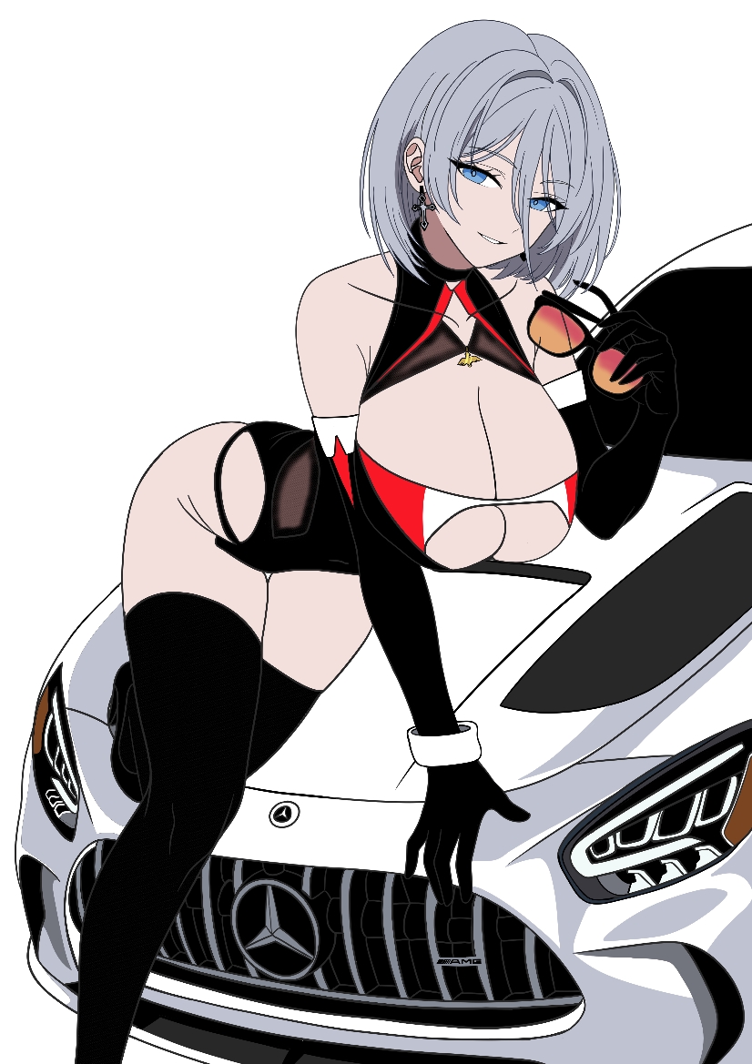 1girl, azur_lane, bare_shoulders, black_gloves, blue_eyes, boots, breasts, cleavage