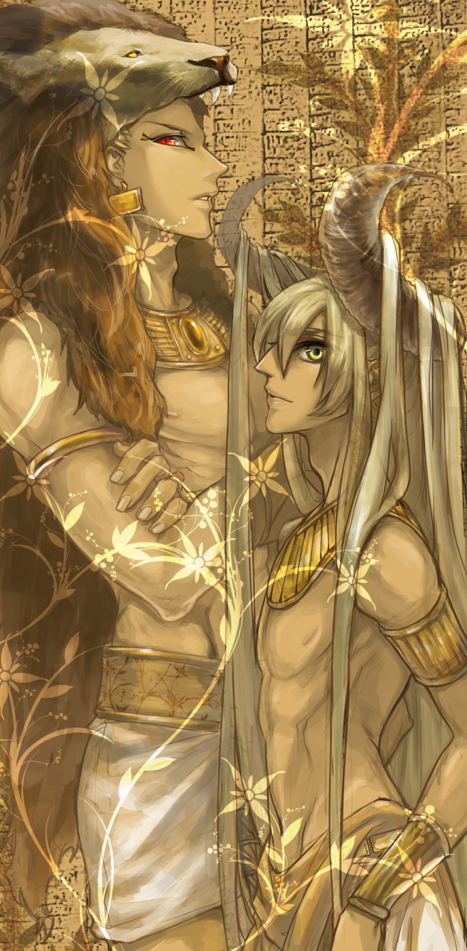 2boys, ancient_egyptian, armlet, bad_id, bad_pixiv_id, blonde_hair, bracelet, cuneiform, darkwinslow, enkidu_(fate), fate/stay_night, fate/strange_fake, fate/zero, fate_(series), fine_art_parody, gilgamesh_(fate), green_eyes, green_hair, headdress, highres, horns, jewelry, lion, long_hair, lots_of_jewelry, male_focus, multiple_boys, necklace, parody, red_eyes, style_parody, topless_male