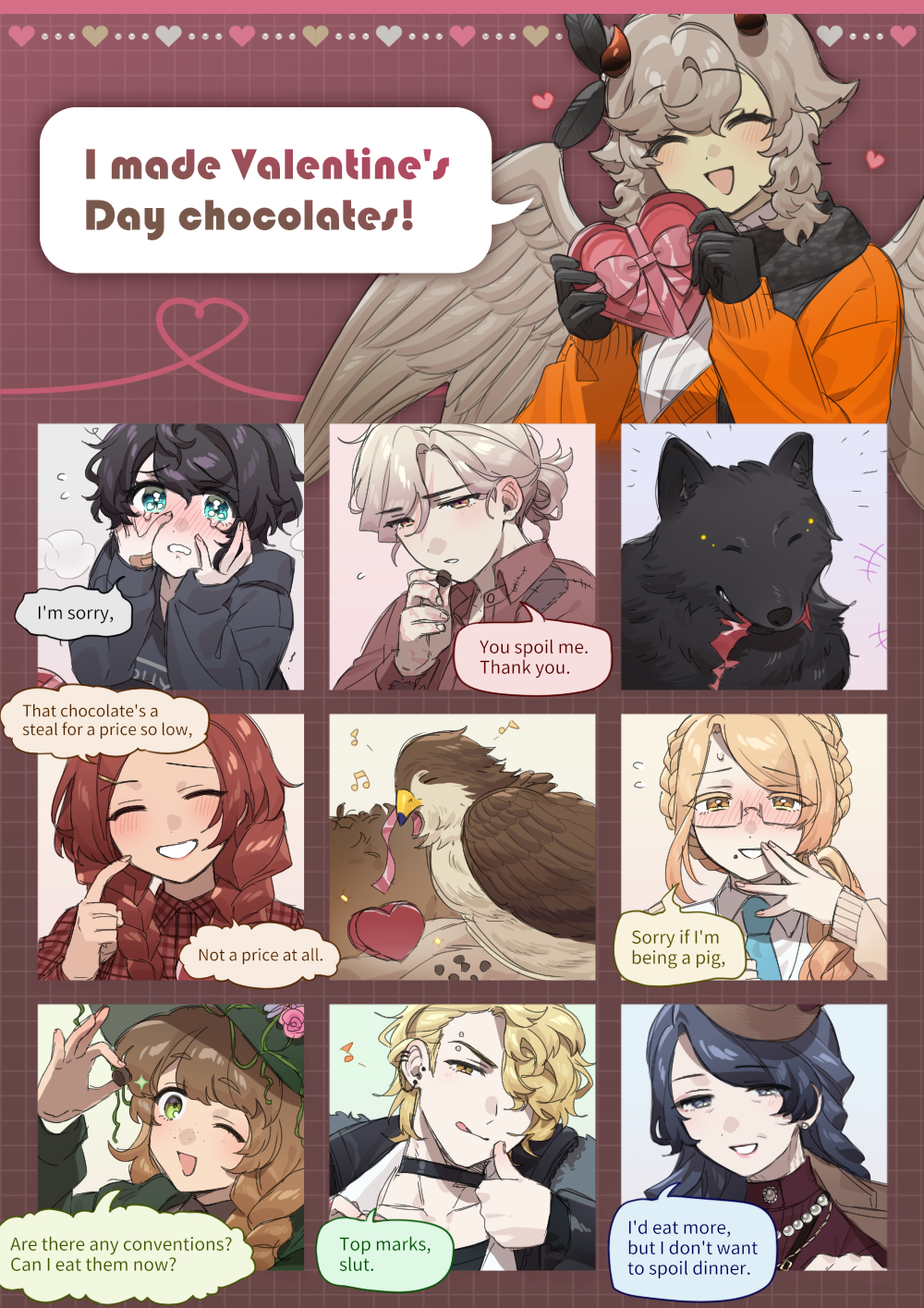 alex_(degrees_of_lewdity), alex_(female)_(degrees_of_lewdity), avery_(degrees_of_lewdity), avery_(female)_(degrees_of_lewdity), bird, bird_nest, black_choker, black_gloves, black_hair, black_wolf_(degrees_of_lewdity), black_wolf_(female)_(degrees_of_lewdity), blonde_hair, blue_eyes, blue_necktie, blush, box, box_of_chocolates, braid, brown_eyes, brown_hair, chocolate, choker, closed_eyes, commentary_request, degrees_of_lewdity, ear_piercing, eden_(degrees_of_lewdity), eden_(female)_(degrees_of_lewdity), english_text, eyebrow_piercing, face_piercing, glasses, gloves, great_hawk_(degrees_of_lewdity), great_hawk_(male)_(degrees_of_lewdity), green_eyes, grey_eyes, grey_hair, grin, gwylan_(degrees_of_lewdity), gwylan_(female)_(degrees_of_lewdity), hair_ornament, hair_over_one_eye, hairclip, hat, hawk, heart, heart-shaped_box, highres, horns, jewelry, kylar_(degrees_of_lewdity), kylar_(female)_(degrees_of_lewdity), kylar_(male)_(degrees_of_lewdity), musical_note, necklace, necktie, one_eye_closed, open_mouth, piercing, player_character_(degrees_of_lewdity), player_character_(female)_(degrees_of_lewdity), red_hair, smile, speech_bubble, sydney_(degrees_of_lewdity), sydney_(female)_(degrees_of_lewdity), tongue, tongue_out, whitney_(degrees_of_lewdity), whitney_(male)_(degrees_of_lewdity), whowjr, wings, wolf