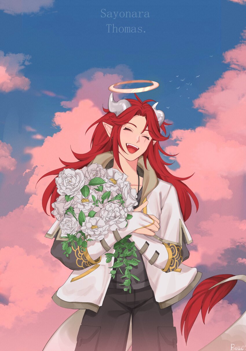 1boy, absurdres, black_pants, black_shirt, bouquet, dragon_boy, dragon_horns, dragon_tail