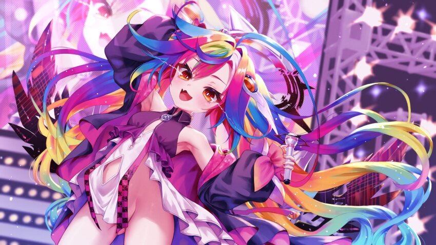 1girl, ahoge, black_jacket, blonde_hair, blue_hair, blush, breasts, bright_pupils