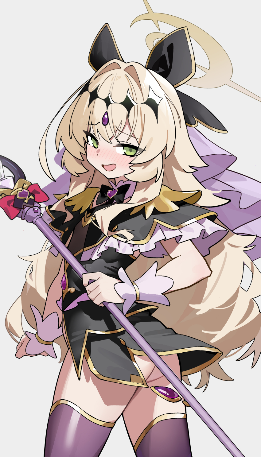 1girl, absurdres, black_capelet, black_dress, black_necktie, blonde_hair, blue_archive, blush