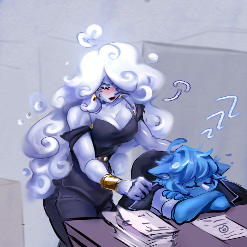 2girls, ahoge, animal_ears, blue_hair, blue_skin, blush, breasts, cat_ears