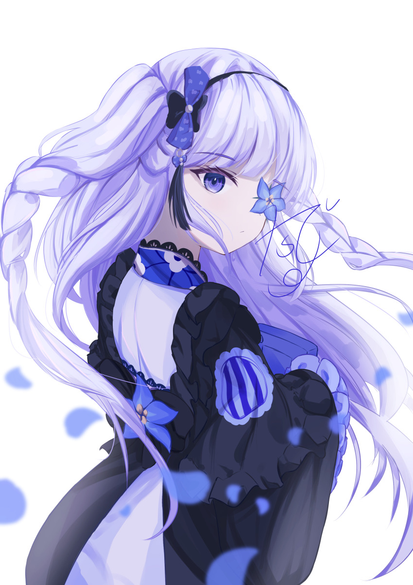 1girl, 7sdesu, absurdres, blue_flower, blue_petals, bow, bowtie, braid