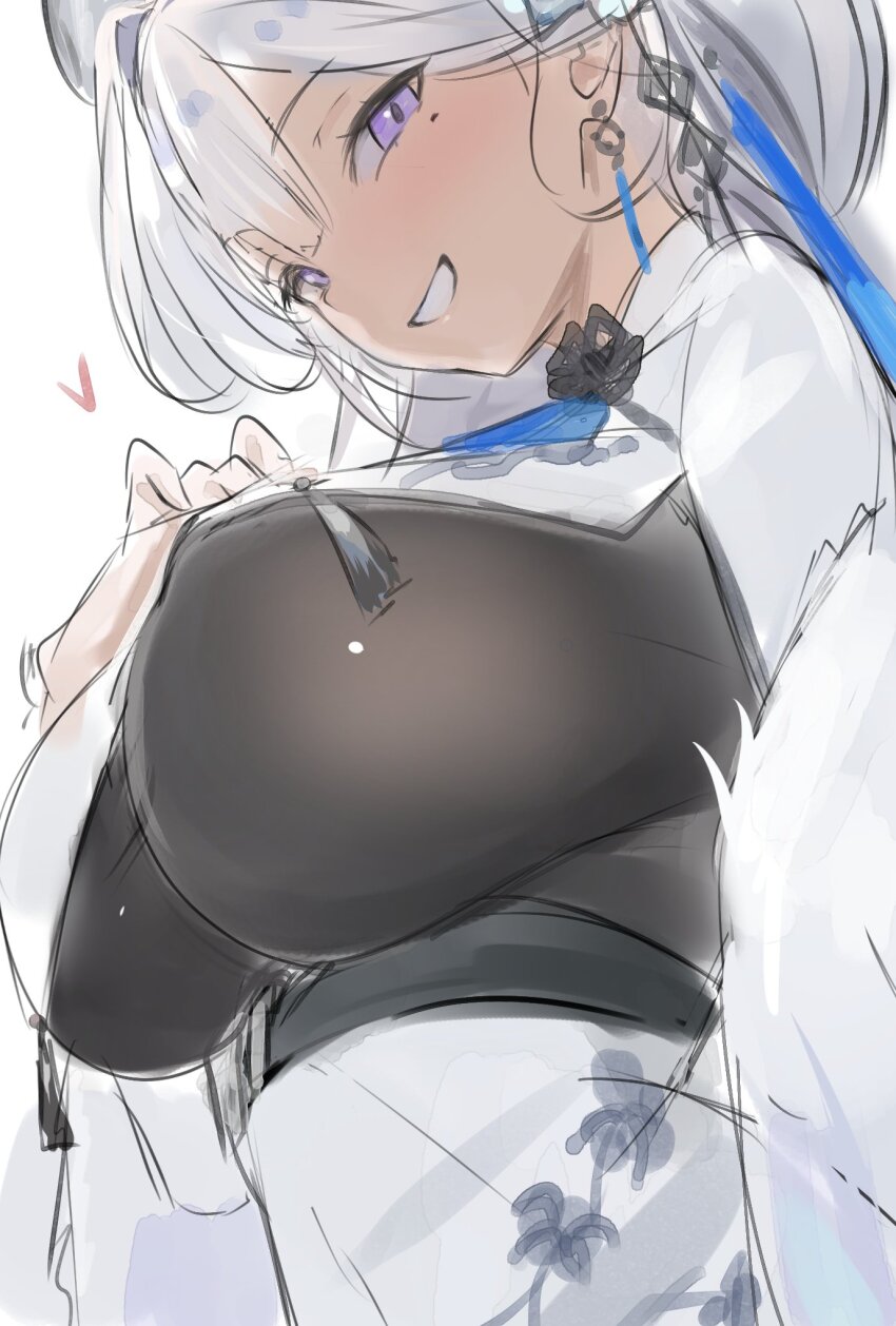 1girl, blush, breasts, clothes_lift, dress, earrings, flower, goddess_of_victory:_nikke, hair_flower, hair_ornament, heart, highres, jewelry, looking_at_viewer, looking_to_the_side, mole, mole_under_eye, open_mouth, purple_eyes, sideboob, sketch, smile, snow_crane_(nikke), solo, underboob, uzzy2801, white_dress, white_hair