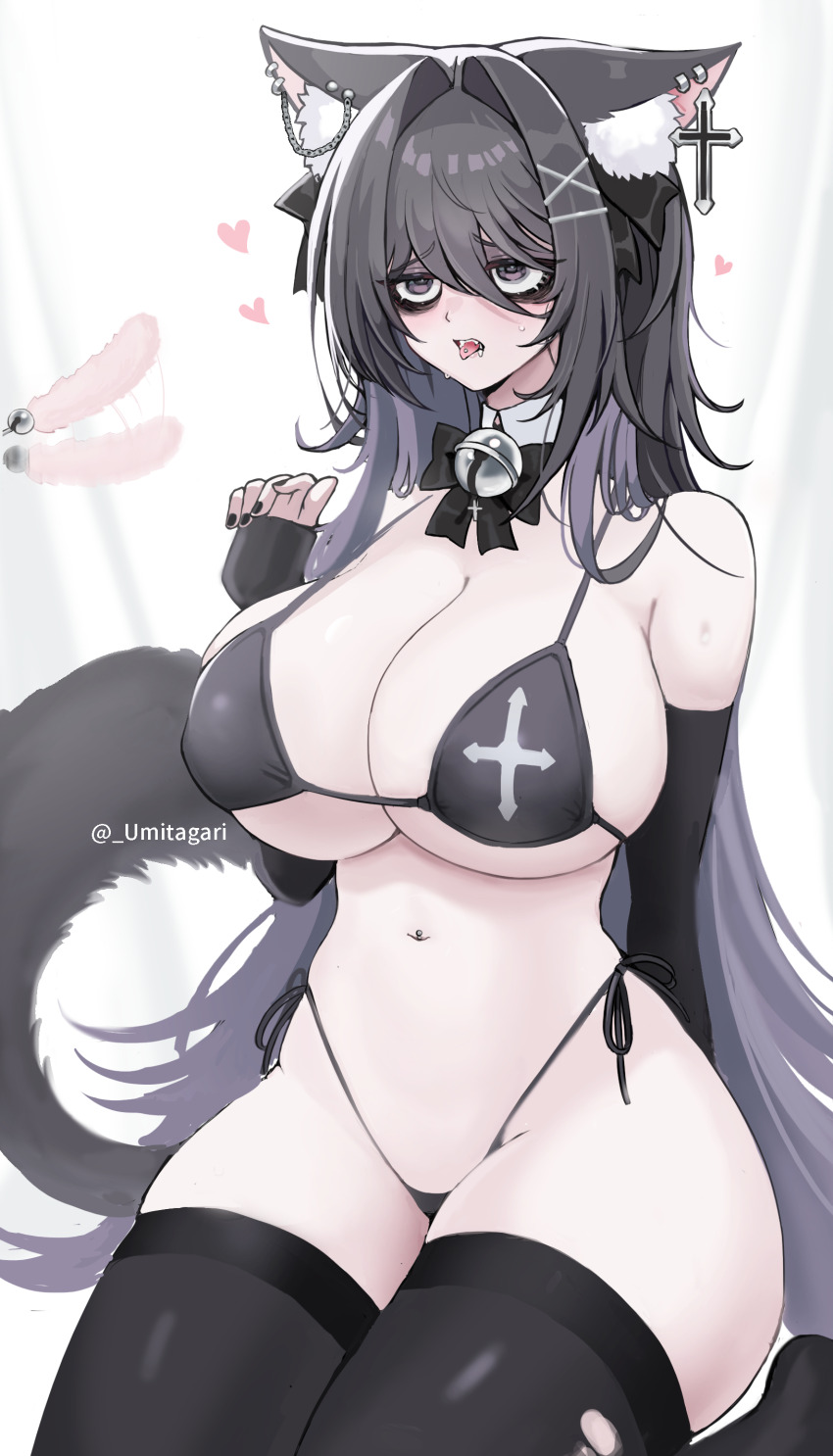 1girl, absurdres, animal_ears, bell, bikini, black_bikini, black_hair, black_nails
