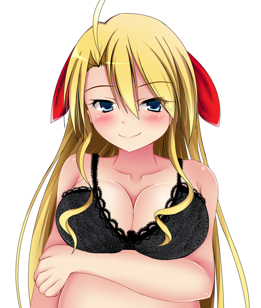 1girl, ahoge, arms_under_breasts, black_bra, blonde_hair, blue_eyes, blush, bow, bra, breasts, c:, cleavage, collarbone, commentary_request, crossed_arms, hair_between_eyes, hair_bow, lace, lace-trimmed_bra, lace_trim, large_breasts, long_hair, looking_at_another, monster_strike, monster_strike:_deadverse_reloaded, red_bow, smile, swept_bangs, underwear, upper_body, uriel_(monster_strike), very_long_hair, white_background, winter_(winterinkoakuma)