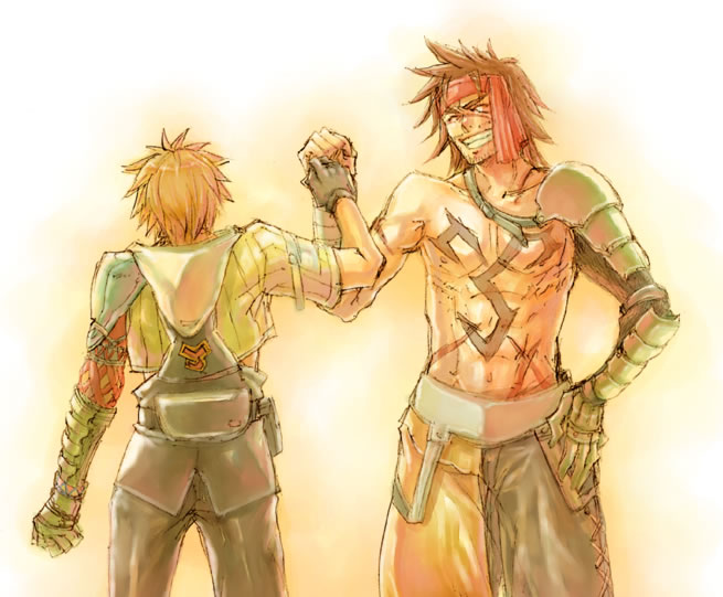 2boys, afterlife, alternate_skin_color, arm_armor, armor, asymmetrical_armor, asymmetrical_arms, chest_tattoo