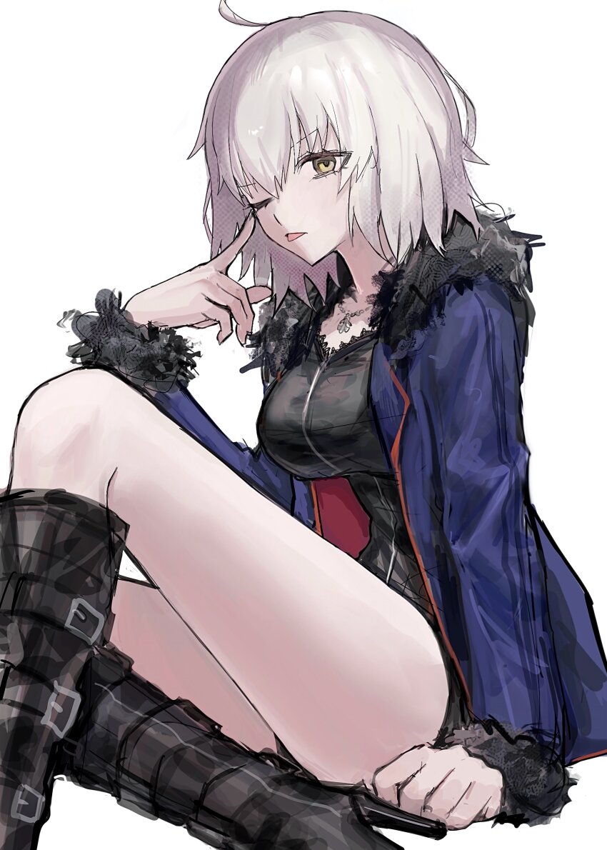 1girl, ;p, absurdres, ahoge, akanbe, black_dress, blue_coat, boots