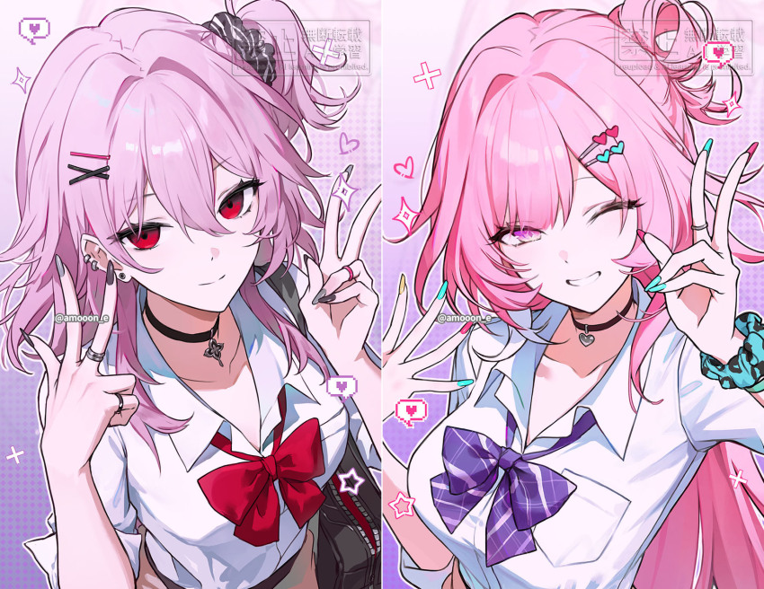 2girls, ;), aamoooon_e, alternate_costume, black_choker, bow, bowtie, breasts