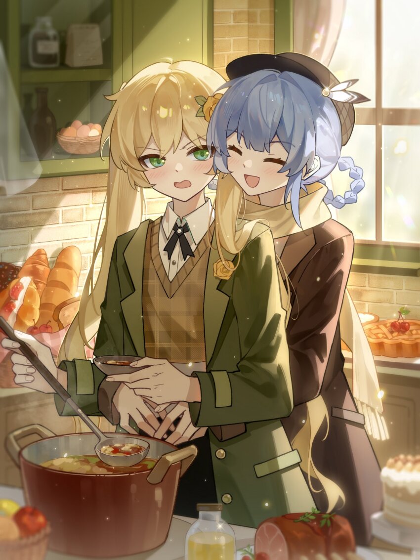 2girls, :d, alternate_costume, baguette, black_hat, blonde_hair, blue_hair, bottle