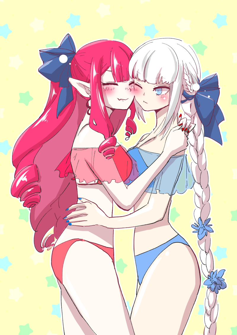 2girls, baobhan_sith_(fate), baobhan_sith_(jade_hairpin)_(fate), bikini, blue_bikini, blue_eyes, blush, braid