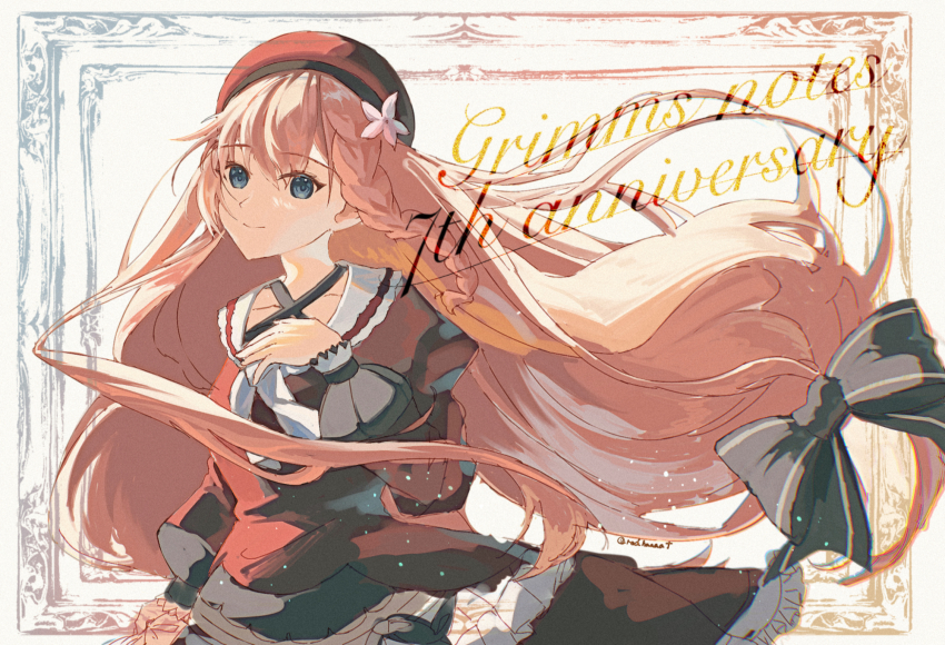 1girl, anniversary, black_ribbon, blonde_hair, blue_eyes, braid, closed_mouth, collarbone