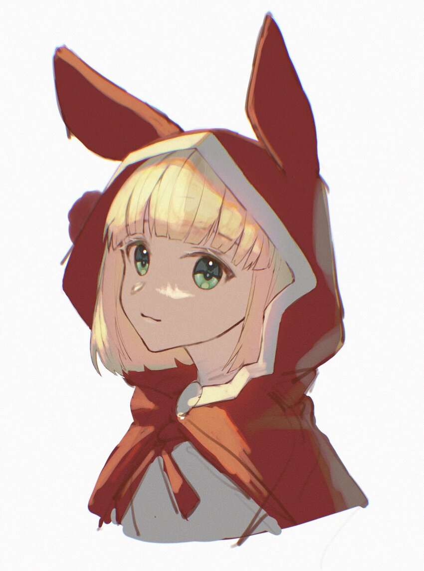 1girl, blonde_hair, grimms_notes, red_riding_hood_(cm_kinen)_(grimms_notes), red_riding_hood_(grimms_notes), redhaaaat, simple_background, solo