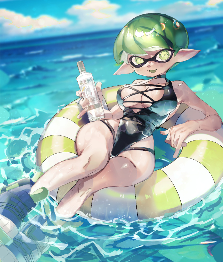 1girl, 404_qwp, black_one-piece_swimsuit, bottle, breasts, cloud, commentary_request, domino_mask, eye_mask, green_eyes, green_hair, highres, holding, holding_bottle, inkling_player_character, mask, nintendo, ocean, one-piece_swimsuit, open_mouth, pointy_ears, shoes, short_hair, sky, solo, splatoon_(series), splatoon_3, swim_ring, swimsuit, wet